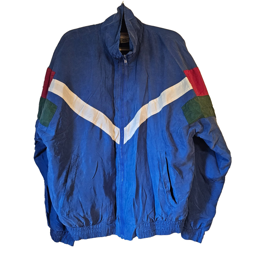Vtg 80s 90s Casanova Italy Silk Colorblock Windbreaker Jacket Blue Retro Sz L